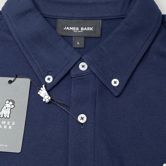 NEW JAMES BARK Mens Button Down Shirt Navy Blue Size L Pique Embroidered Logo - Picture 8 of 8